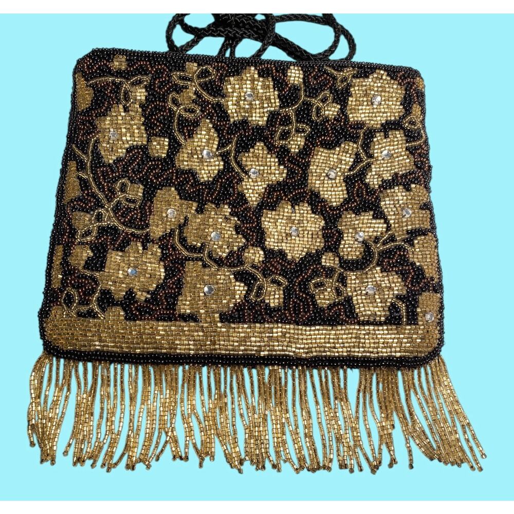 Beaded Evening Black Bag Gold Flowers & Fringe Rhinestones By Accessories Lady